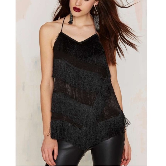 JOA Fringe & Satin Black Asymmetrical Racerback Halter Top Edgy Moto Sexy Size M - Picture 10 of 12